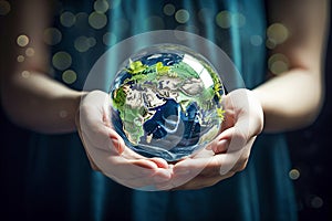 Ai generative. Hands Holding Globe Glass. Environment Concept. World Earth Day concept