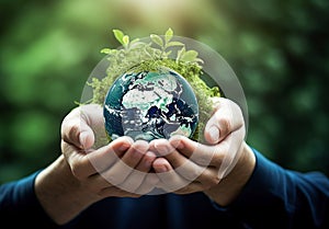 Ai generative. Hands Holding Globe Glass. Environment Concept. World Earth Day concept