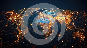 Illuminated network lines connecting over a global map at night.