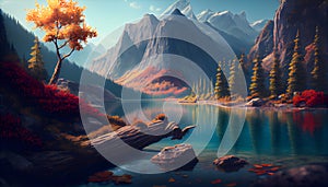 AI Generative Illustration Graphic Design Art Beautiful Nature Photo Background Wallpaper, Mountain, Lake, Landscape, Water