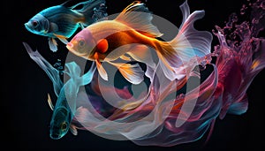 AI Generative Illustration Graphic Design Art Colourful Fish In Water Black Background, Betta fish, siamese fighting fish, betta