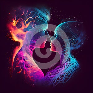 AI Generative Illustration Graphic Design Art Man and woman in an abstract cosmic background. Human souls couple in love. Astral