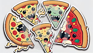 AI Generative Illustration Graphic Design Art Pizza slice with melted cheese and pepperoni. Cartoon sticker in comic style with