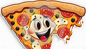 AI Generative Illustration Graphic Design Art Pizza slice with melted cheese and pepperoni. Cartoon sticker in comic style with