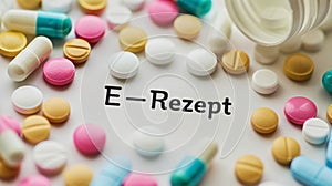 illustration of medicine pills and a white paper beside with the German word E-Rezept on it which means in English photo