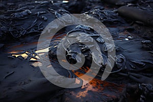 AI generative image. Crude oil spill. Environmental contamination concept