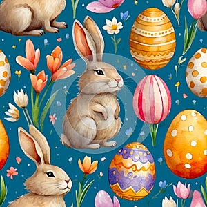 AI generative image of Easter theme with cute bunny and easter eggs