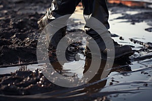 AI generative image. Low section of the oil industry worker on a crude oil spill. Environmental contamination concept