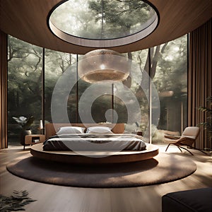 AI generative image of modern stylish bedroom with round bed and huge windows