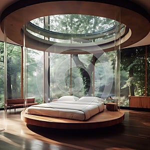 AI generative image of modern stylish bedroom with round bed and huge windows