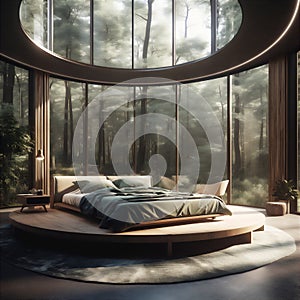 AI generative image of modern stylish bedroom with round bed and huge windows