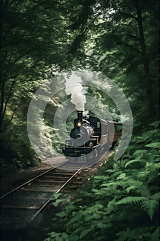 AI generative image of retro steam train chugging through the lush green woods photo