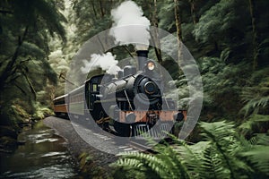 AI generative image of retro steam train chugging through the lush green woods photo