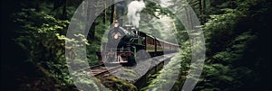 AI generative image of retro steam train chugging through the lush green woods photo