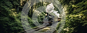 AI generative image of retro steam train chugging through the lush green woods photo