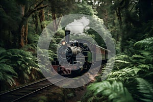 AI generative image of retro steam train chugging through the lush green woods photo
