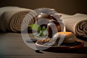 AI Generative image, spa accessory composition set in spa hotel wellness center