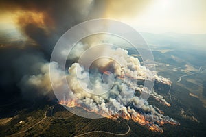 Aerial view on the wildland forest fires. Environmental issues concept photo