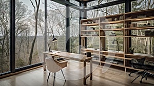 AI generative  Interior of a modern home office with a wooden floor, panoramic windows and a bookcase