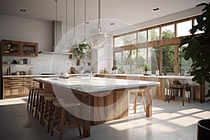Ai Generative Interior of modern kitchen with wooden walls, concrete floor, gray countertops and wooden cupboards