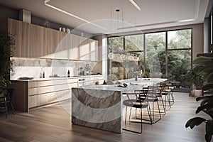 Ai Generative Interior of modern kitchen with wooden walls, concrete floor, gray countertops and wooden cupboards