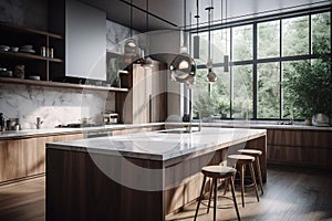 Ai Generative Interior of modern kitchen with wooden walls, concrete floor, gray countertops and wooden cupboards