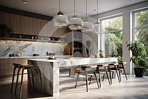 Ai Generative Interior of modern kitchen with wooden walls, concrete floor, gray countertops and wooden cupboards