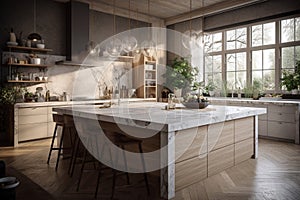 Ai Generative Interior of modern kitchen with wooden walls, concrete floor, gray countertops and wooden cupboards