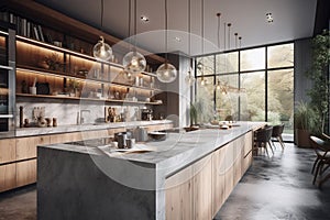 Ai Generative Interior of modern kitchen with wooden walls, concrete floor, gray countertops and wooden cupboards