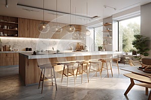 Ai Generative Interior of modern kitchen with wooden walls, concrete floor, gray countertops and wooden cupboards