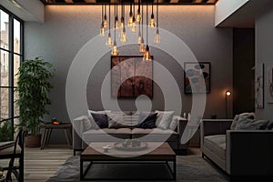 Ai Generative Interior of modern living room with brown sofa, coffee table and lamps 3D rendering