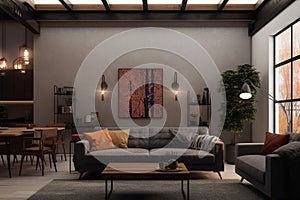 Ai Generative Interior of modern living room with brown sofa, coffee table and lamps 3D rendering