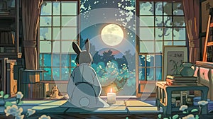 Ai generative Moon Rabbit looking at midnight moon