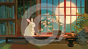 Ai generative Moon Rabbit looking at midnight moon