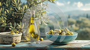 Olive oil bottle and bowl of olives on a table with a scenic background.