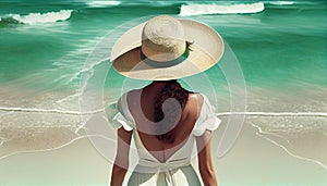 Paint unrecognizable Young woman in swimsuit beach hat looking into distance. rear view