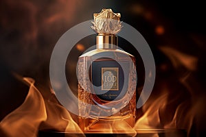 Ai Generative Perfume bottle with golden crown on fire background. 3d illustration