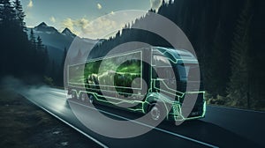 AI Generative photo of Advanced High-Tech Concept: Big Semi Truck with Cargo Trailer Drives
