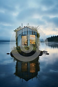 AI Generative Photo of Cabin House Located next to the pier. The scenery is mesmerizing. Serene summer scene with clear blue sky.