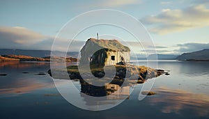 AI Generative Photo of Cabin House Located next to the pier. The scenery is mesmerizing. Serene summer scene with clear blue sky.