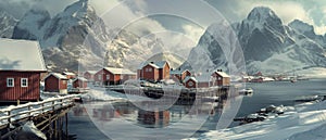 AI Generative photo of a snowy town, in the style of captivating harbor views