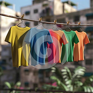 AI generative photography, The colorful T-shirt hung on the clothesline