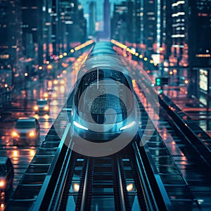 AI generative photography,futuristic high tech design commuter train on a futuristic city landscape,