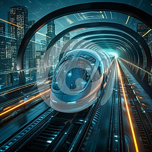 AI generative photography,futuristic high tech design commuter train on a futuristic city landscape,