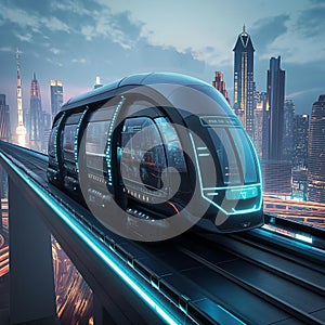 AI generative photography,futuristic high tech design commuter train on a futuristic city landscape,