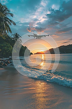 AI generative photography Landscape,airplanes,fly on island sea beach