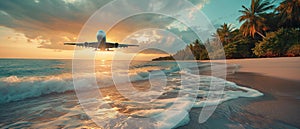 AI generative photography Landscape,airplanes,fly on island sea beach