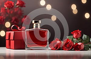 Product photography, red blank parfume bottle and red roses card, banner design