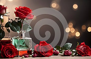 Product photography, red blank parfume bottle and red roses card, banner design