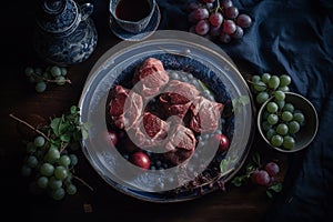 Ai Generative Raw lamb chops with herbs and tomatoes on a dark background